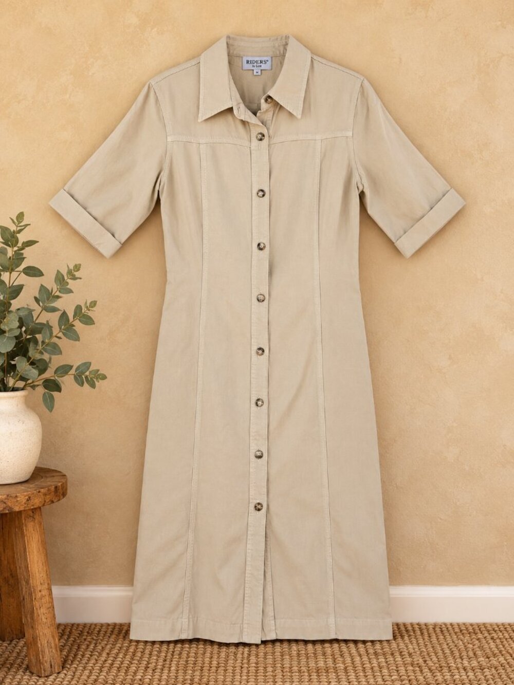 Democracy Beige Button-Front Denim-style Utility Shirt Dress – Size 10